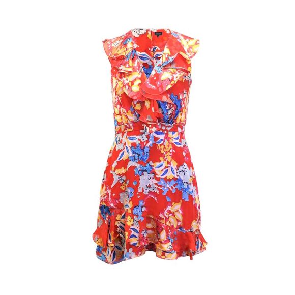 Saloni Floral Print Ruffled Mini Dress in Red Silk